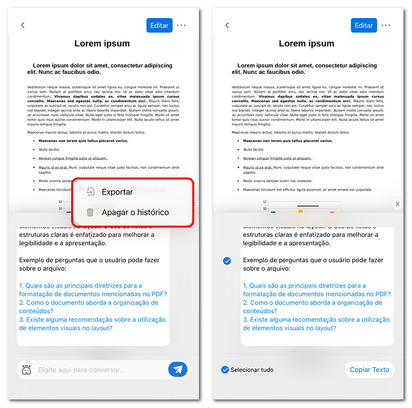 Limpar ou exportar o histórico do chat