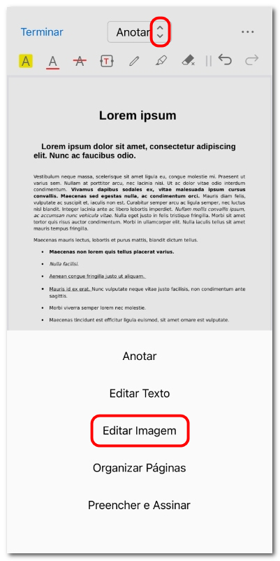 Selecionar o modo de edição de imagem