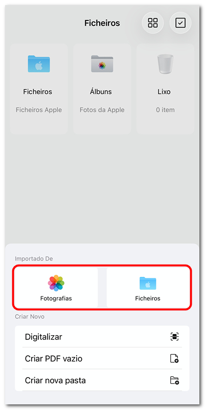 Selecionar para Importar Arquivo de Fotos ou Arquivos