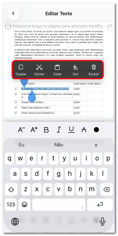 Selecionar texto para editar no iOS