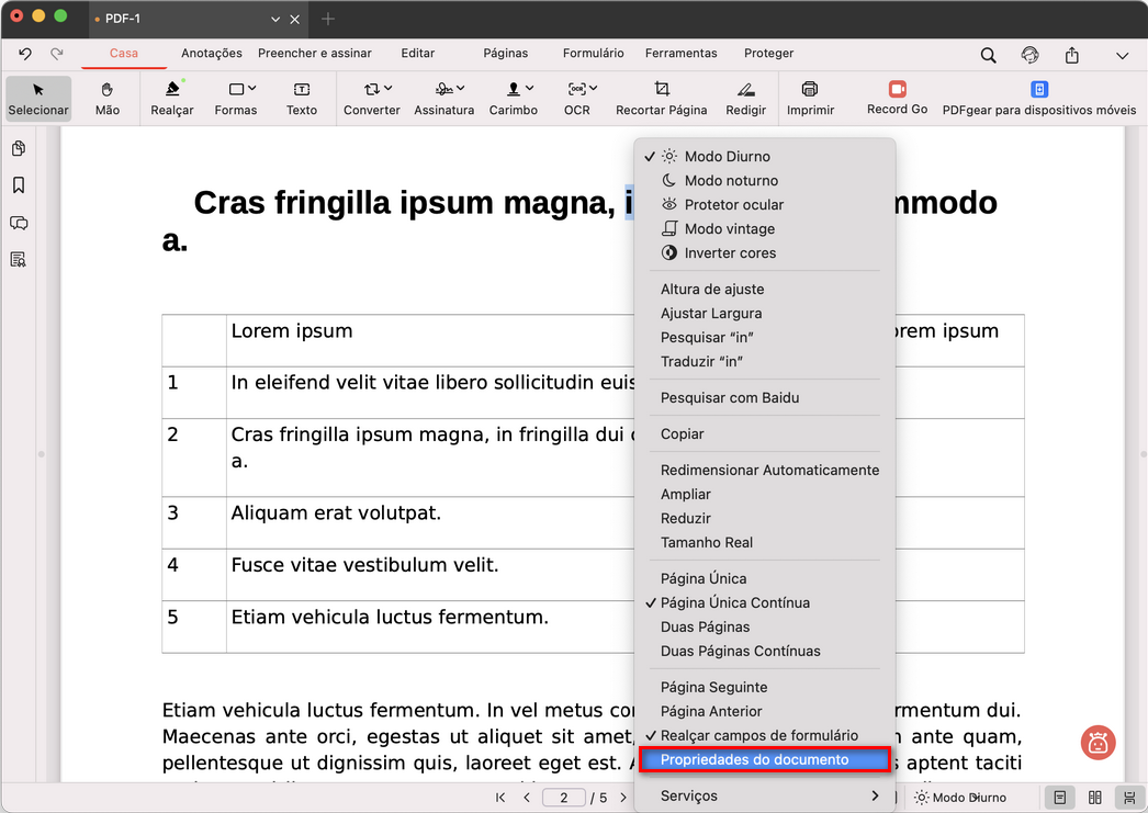 Abrir as Propriedades do documento