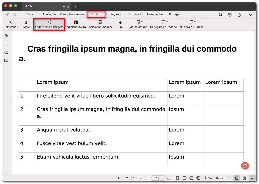 Abrir o modo de edição de texto