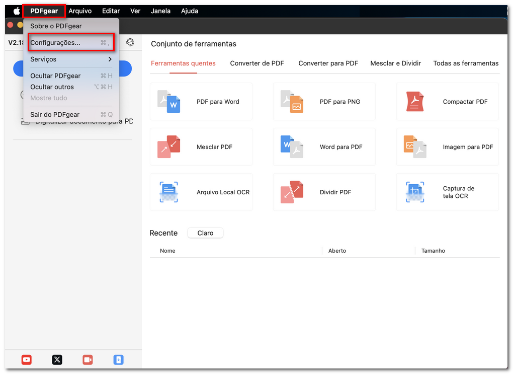 Abrir os Ajustes do PDFgear