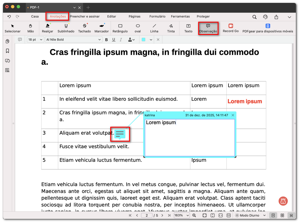 Adicionar comentário em nota