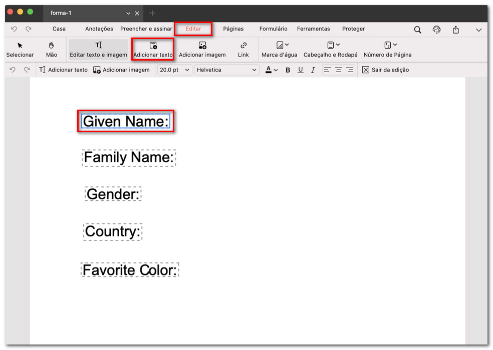 Adicionar rótulos ao formulário PDF