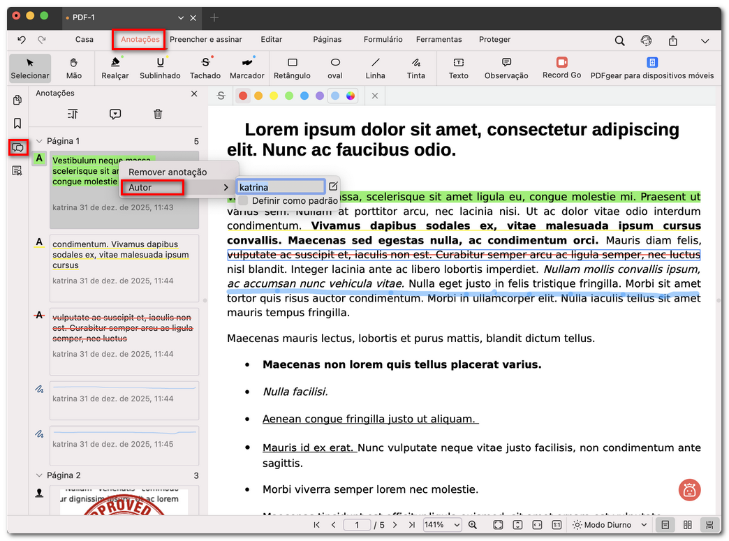 Alterar o autor da anotação