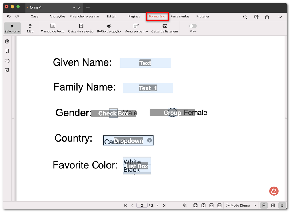 Criar campo de formulário para PDF