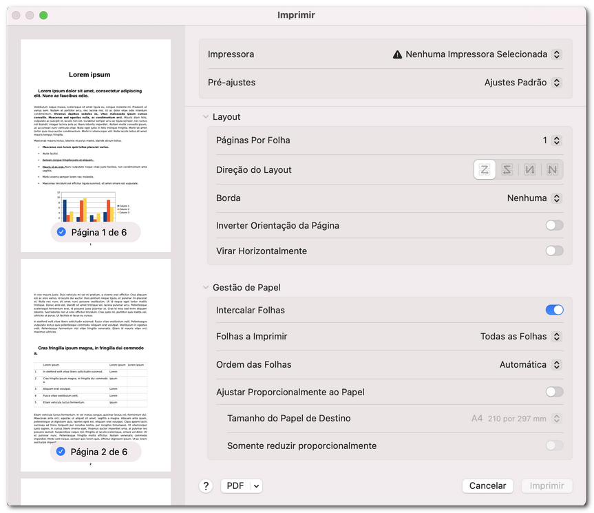 Definir opções de layout de impressão