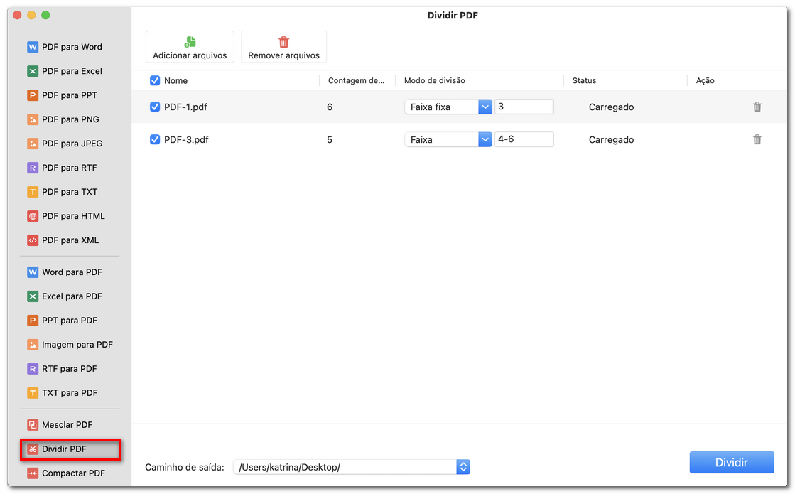 Dividir páginas do PDF em lote