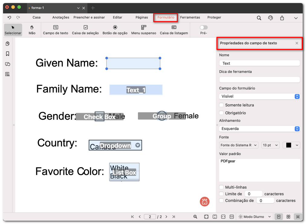 Editar as propriedades do campo de formulário