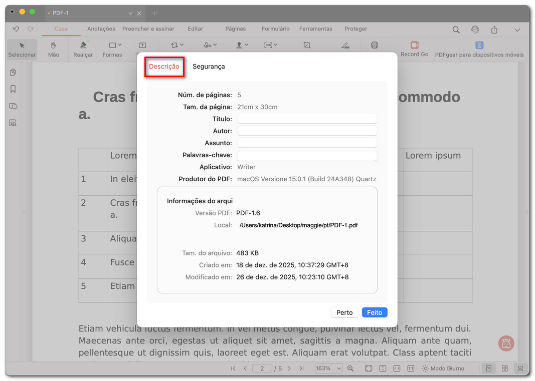 Editar os metadados do PDF no Mac