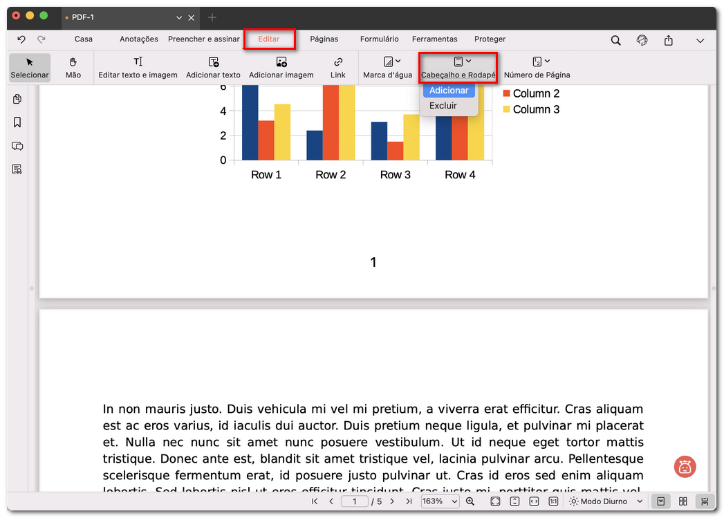 Escolher para adicionar cabeçalho e rodapé