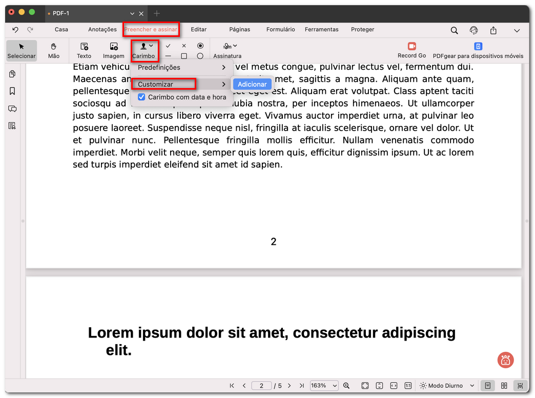 Escolher personalizar um carimbo