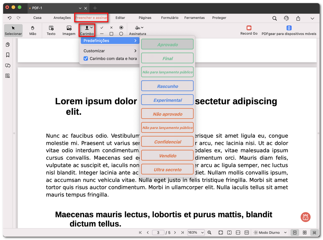 Escolher um carimbo predefinido