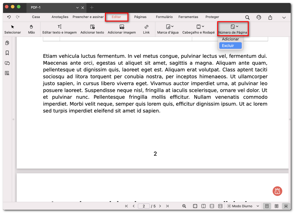 Excluir o número de página no PDF