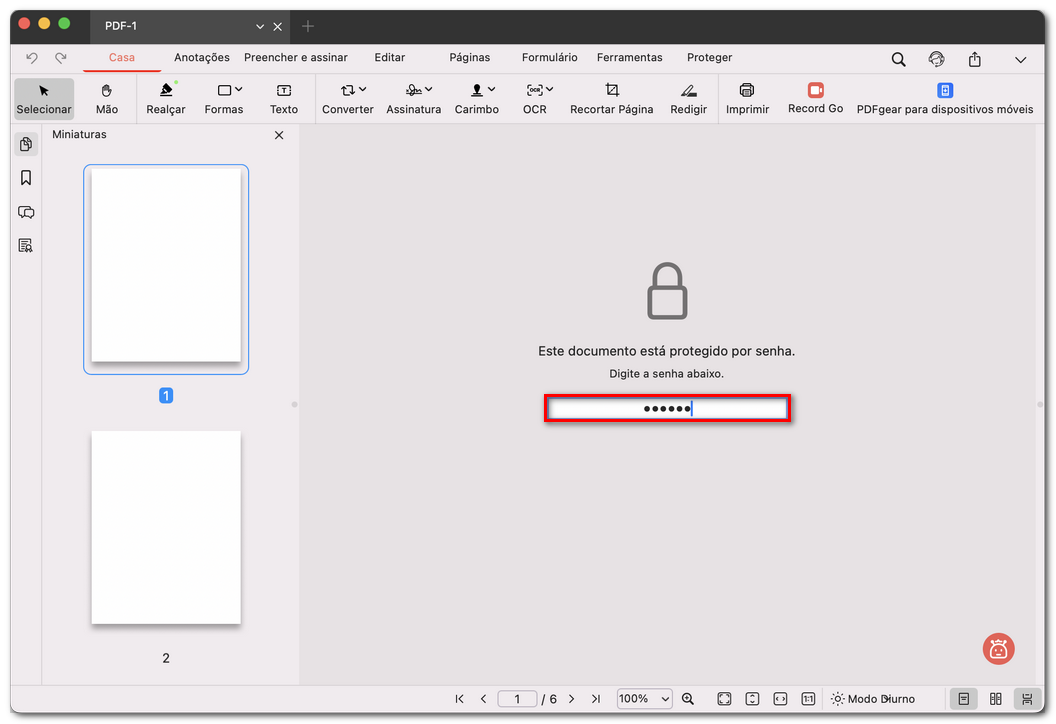 Inserir a senha para desbloquear um PDF