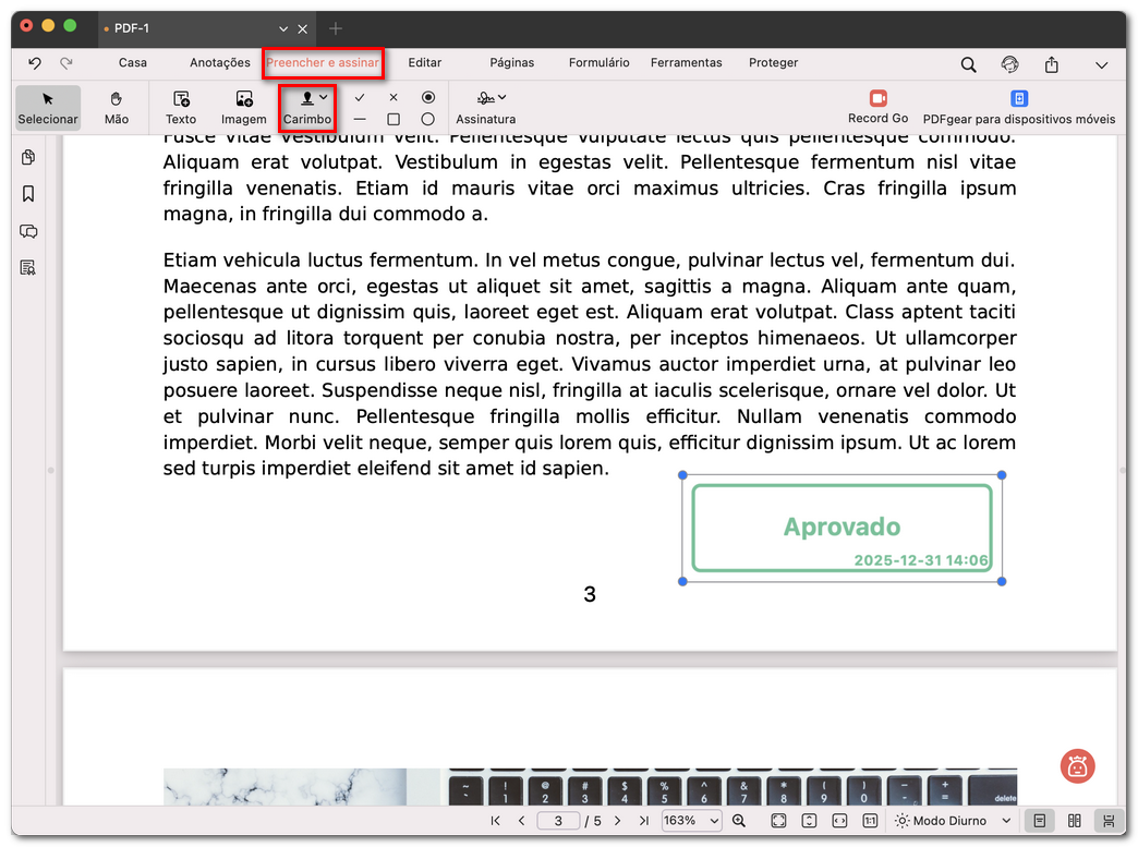 Inserir o carimbo predefinido no PDF