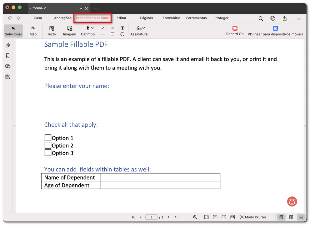 Ir para a guia Preencher e assinar