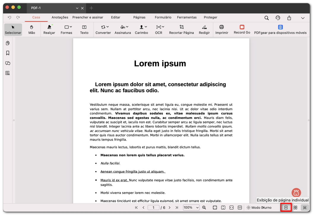 Modo de visualização de página única