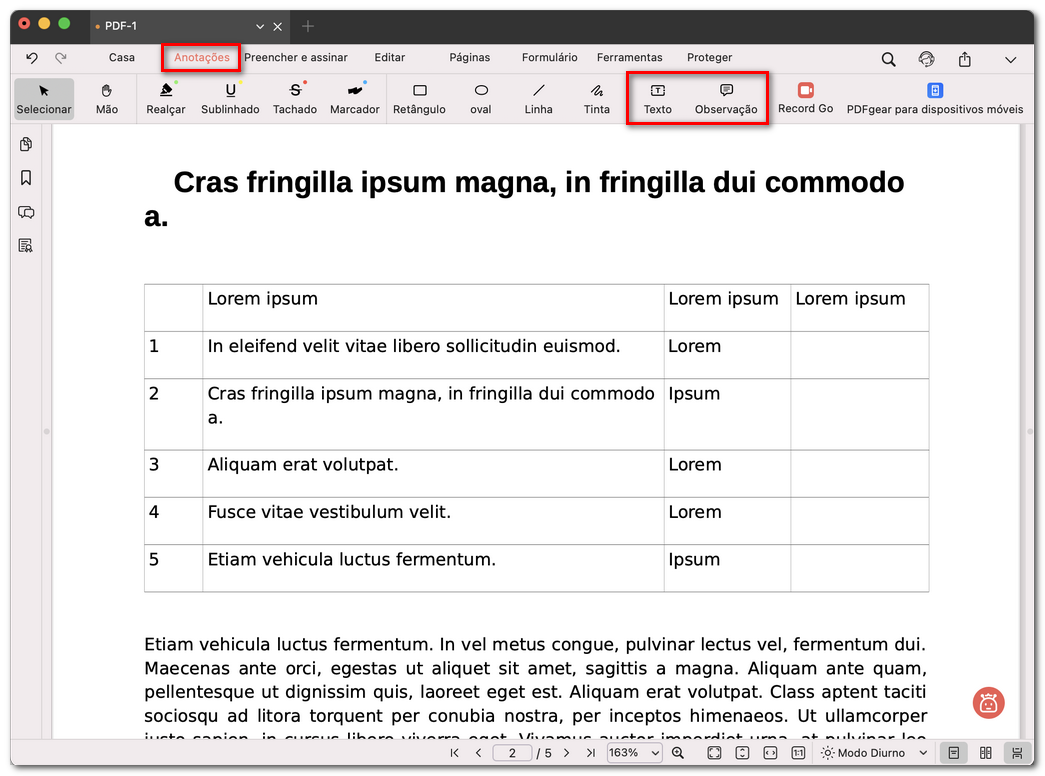 Opções de comentário: texto ou nota