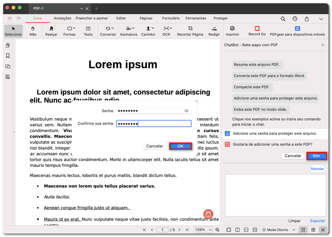 Pedir ao PDFgear para adicionar senha ao PDF