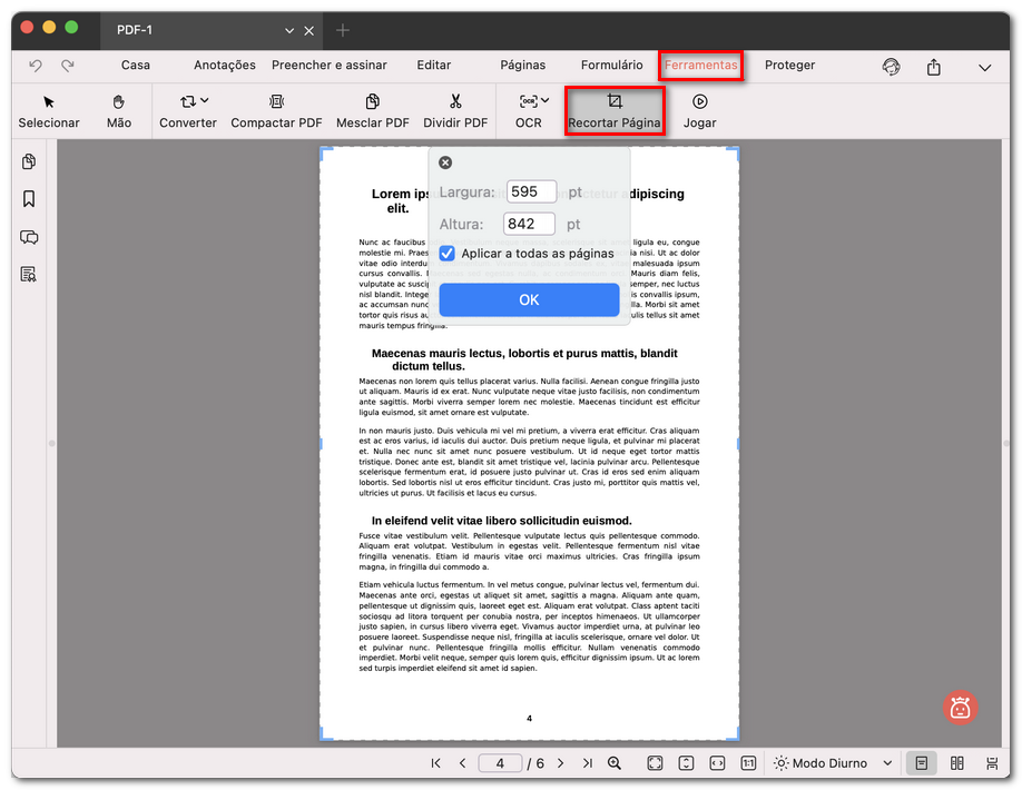 Personalizar as configurações de recorte da página do PDF