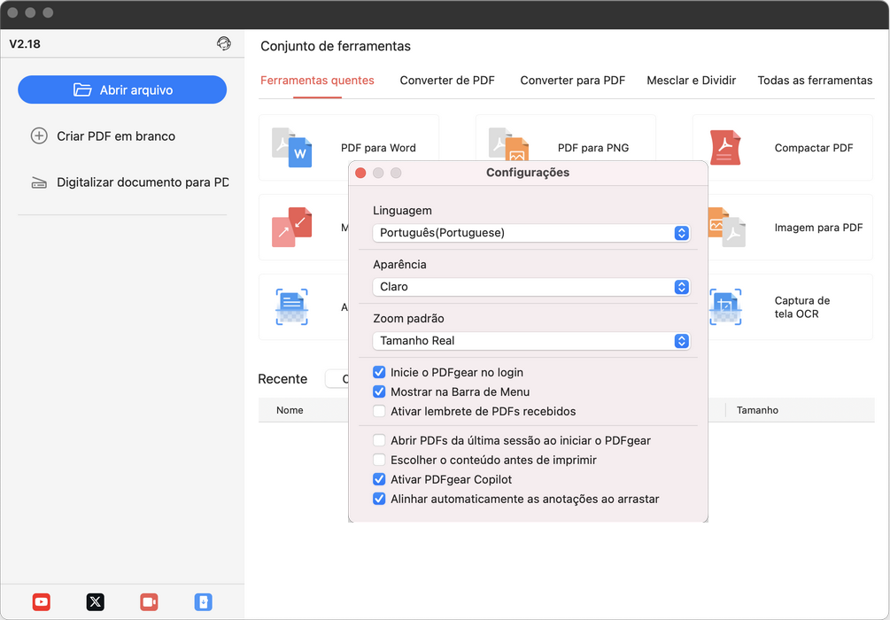 Personalizar as configurações no PDFgear