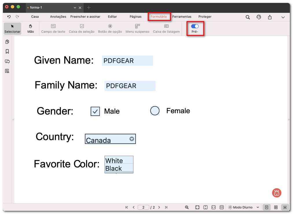 Pré-visualizar e testar o formulário PDF
