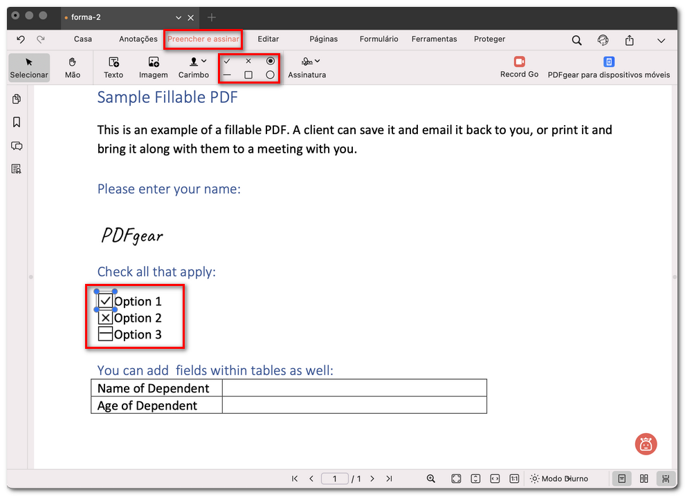 Preencher um formulário com caixas de seleção