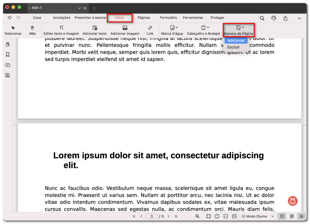 Selecionar adicionar número de página