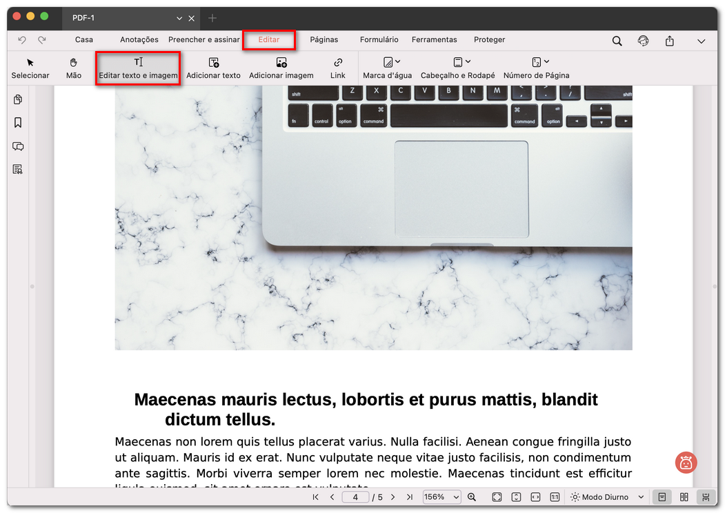 Selecionar Editar texto e imagem