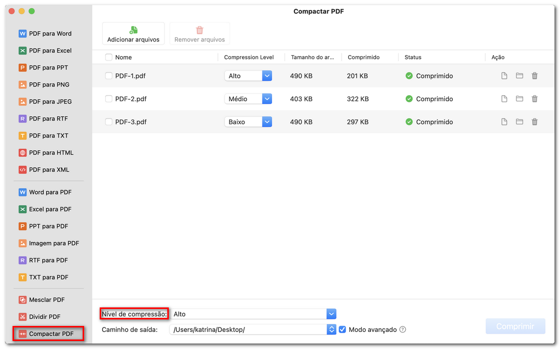Verificar as configurações de compressão de PDF