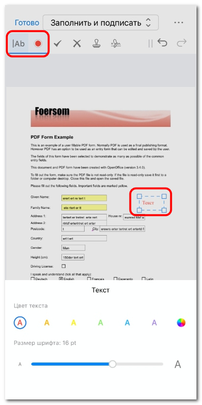 Добавление текста в PDF-форму