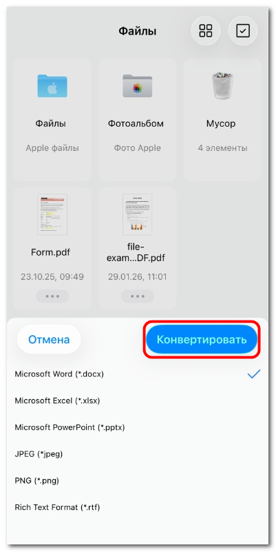 Выбор формата для конвертации