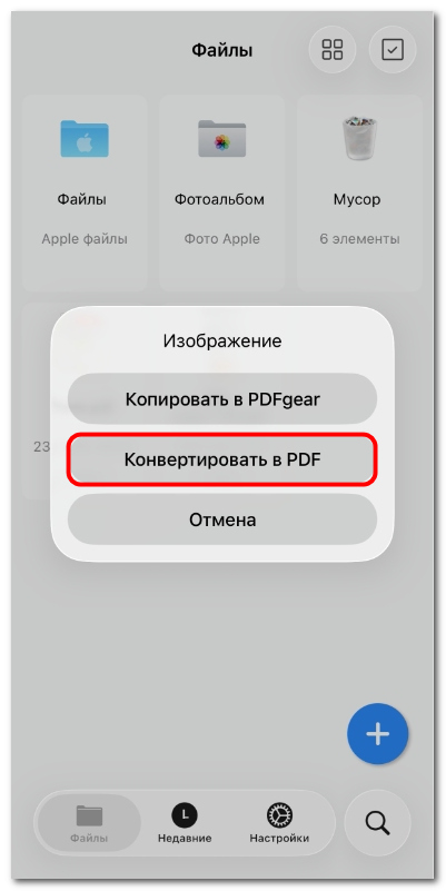 Выбор конвертации изображения в PDF на iOS