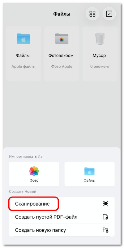 Выбор сканирования документа в PDF