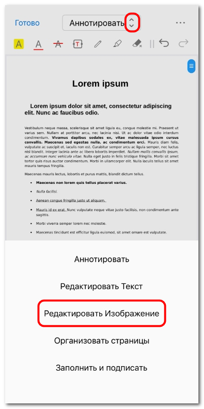 Выбор режима редактирования изображений