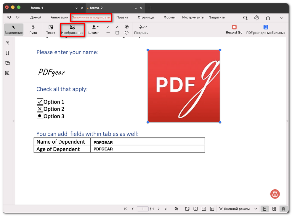 Заполнить форму изображением