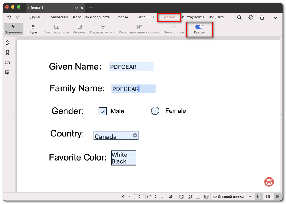 Предпросмотр и тестирование PDF-формы