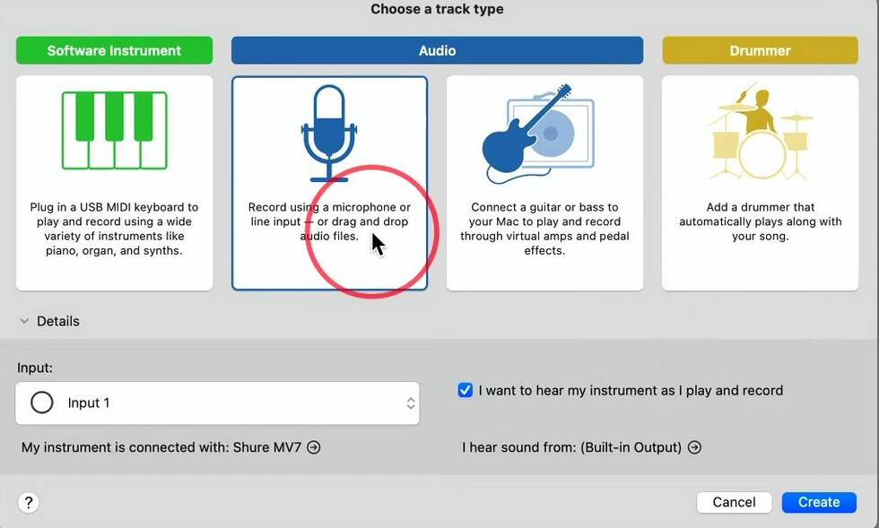Choose Audio as Track Type in GarageBand