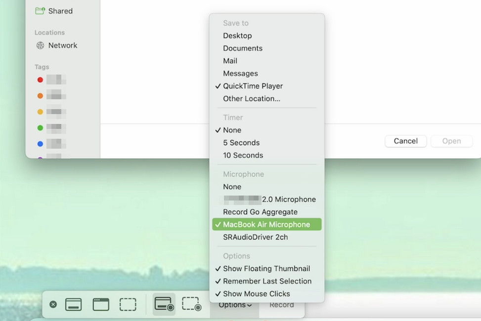 Select Microphone in QuickTime Player to Screen Record