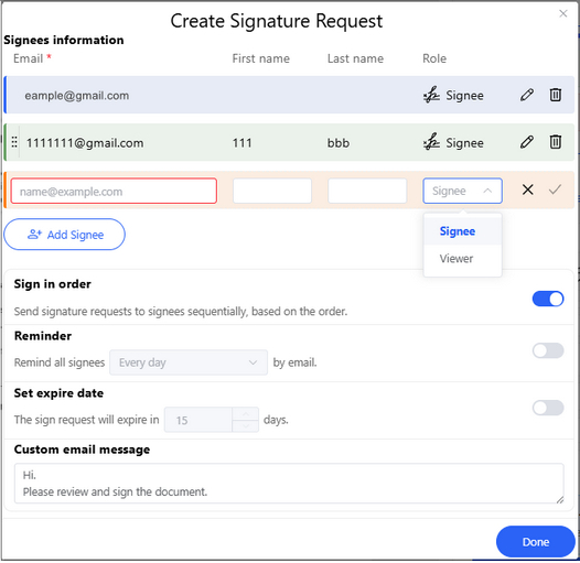 Create the Signature Request for Each Signee