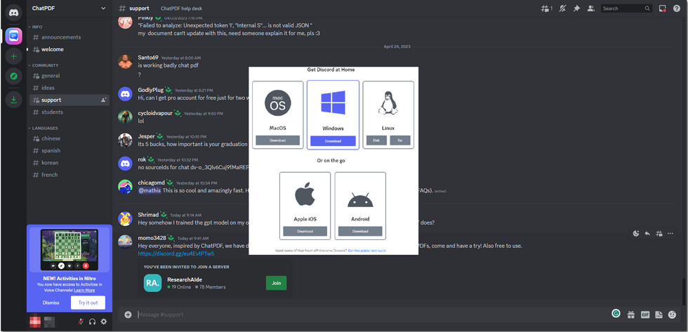 The Interface of ChatPDF Discord