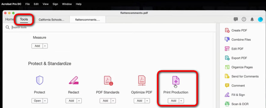 Go to the Print Production Feature in Acrobat