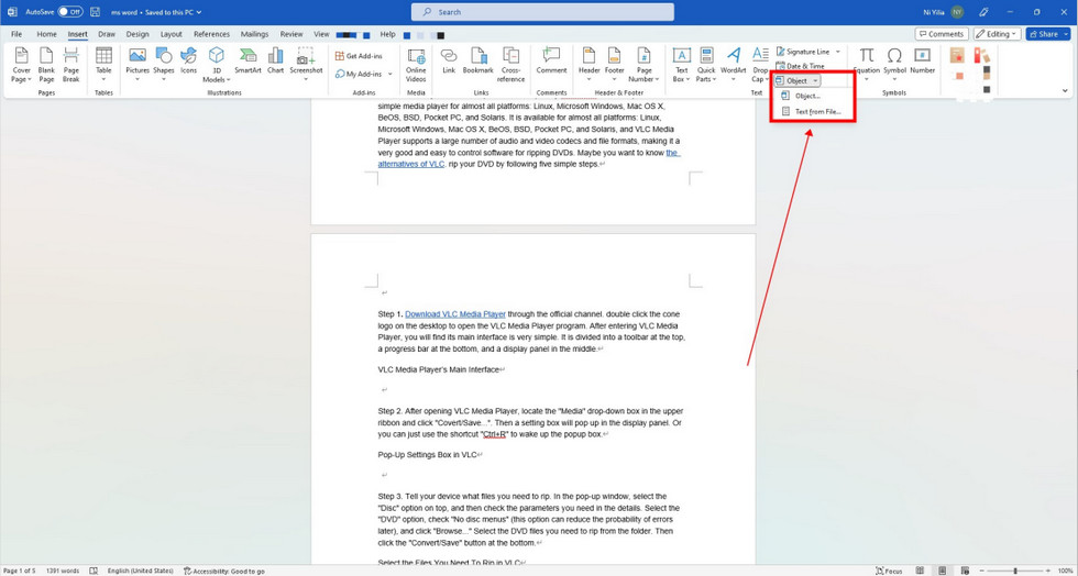 Navigate to the Object Button in Microsoft Word