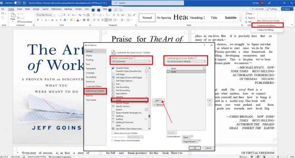 Add Speak Function Button in Microsoft Word's Quick Access Toolbar