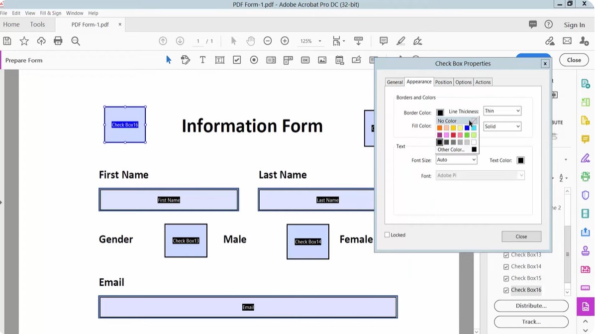 Customize the Check Box Properties in Acrobat