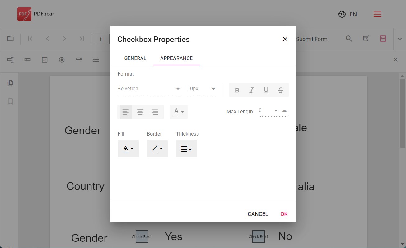 Customize the CheckBox Properties in PDFgear