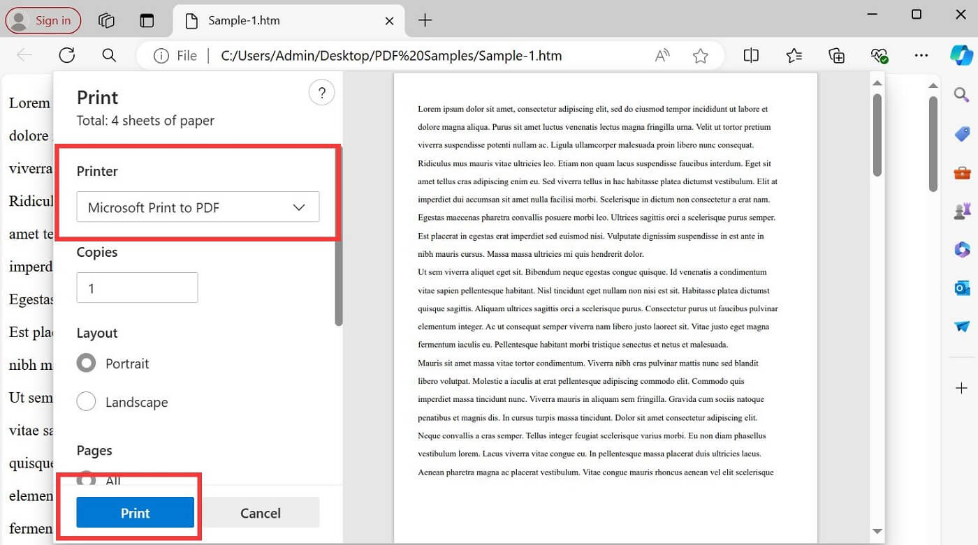 Print HTML to PDF in Microsoft Edge